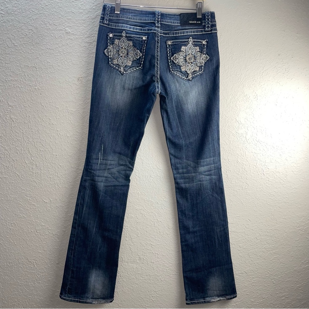 Grace in LA Women's Western Whiskering Embroidered fading Bootcut Jeans